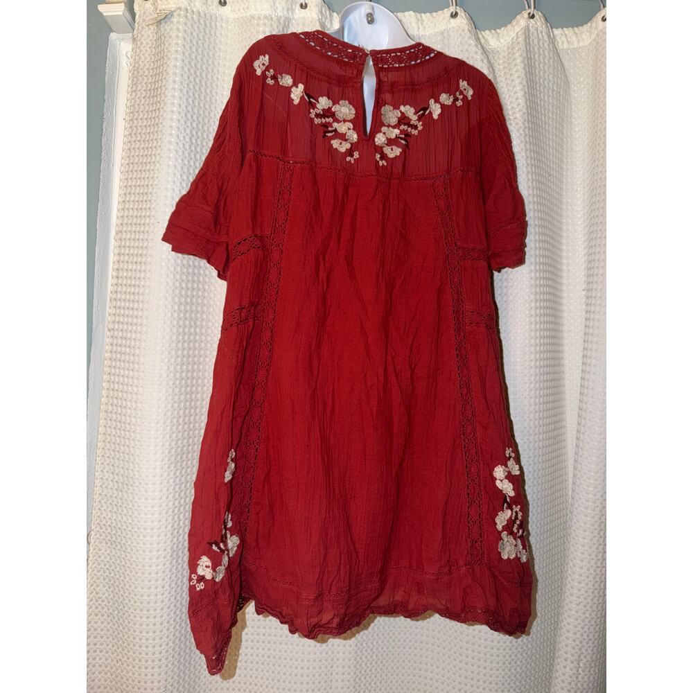 Free People Embroidered Cotton Gauze Boho Mini Dress Large Rust Red - Picture 5 of 7